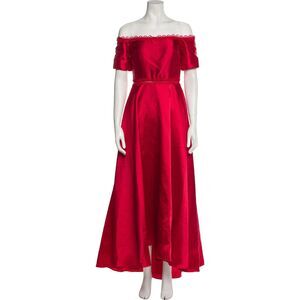 ML Monique Lhuillier Red Off-Shoulder Satin Gown Lace Trim Size 2